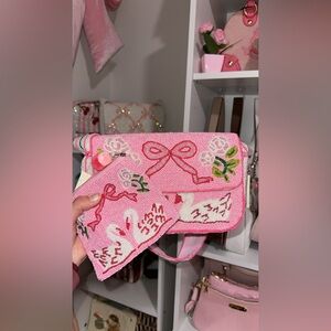 Swan beaded bag with matching pouch NWT